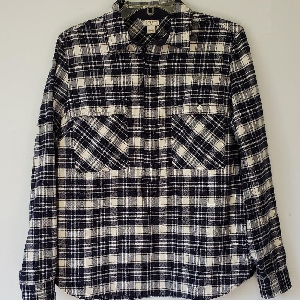 J. Crew/ Navy Blue Quarter Zip Plaid Top